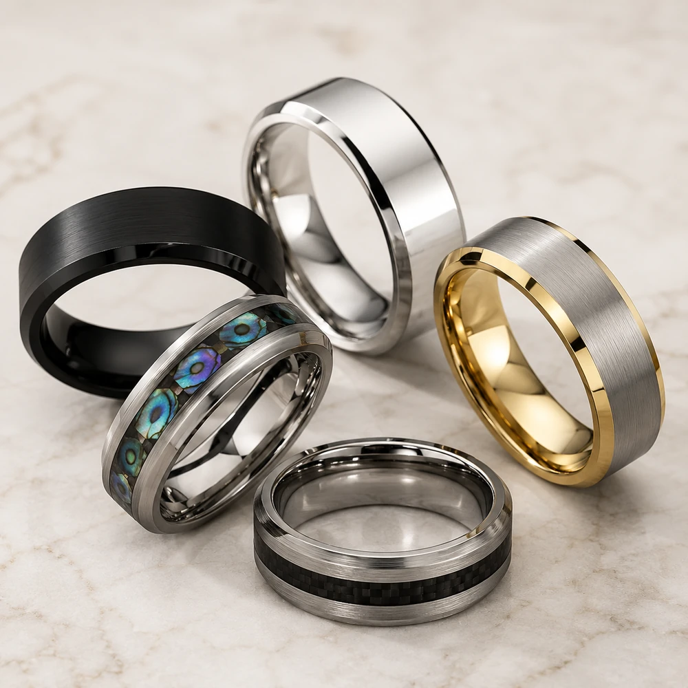 Finished jewelry examples made from tungsten carbide ring blanks